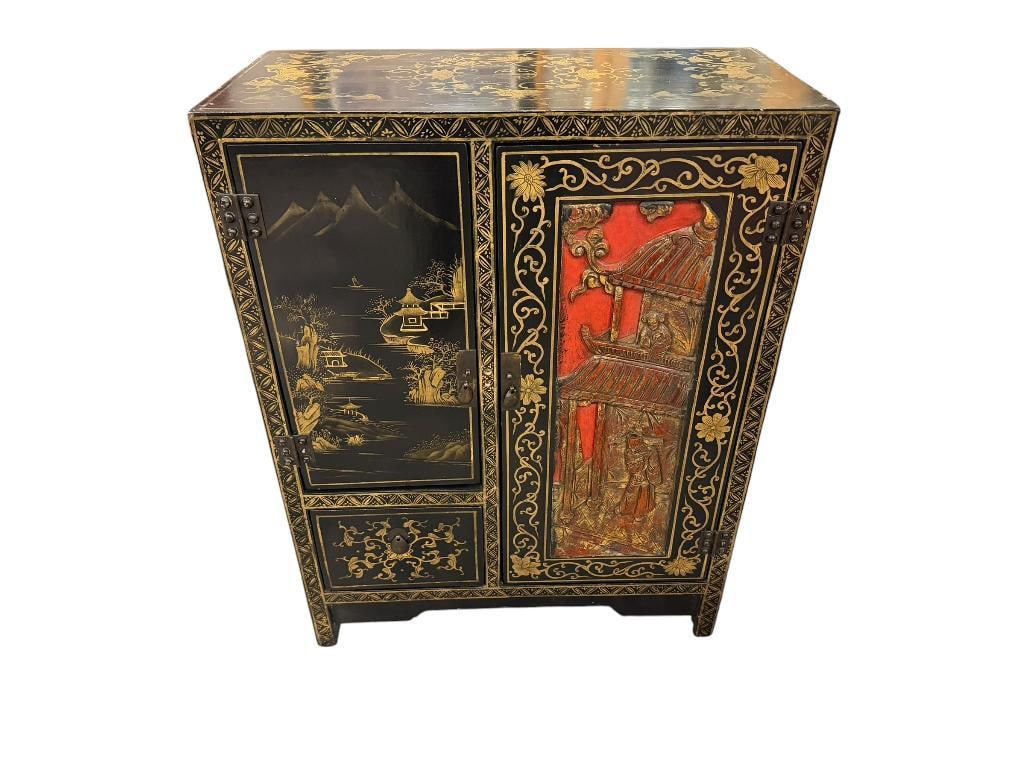 VINTAGE CHINESE BLACK LACQUERED ACCENT CABINET (1 of 19)