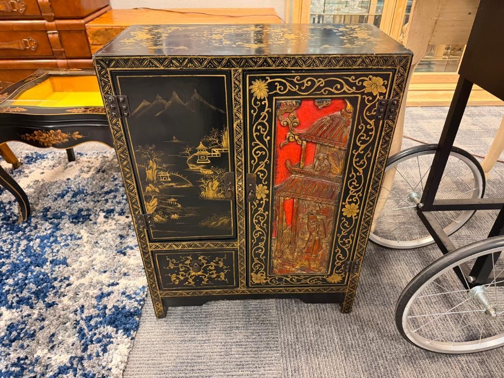 VINTAGE CHINESE BLACK LACQUERED ACCENT CABINET - 2