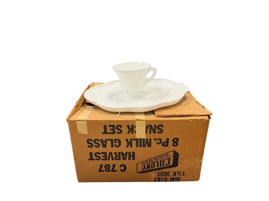 VINTAGE COLONY GLASS CO. GRAPE HARVEST MILK GLASS LUNCHEON SET FOR FOUR: INCLUDES FOUR PLATES AND CUPS IN THE ORIGINAL BOX 