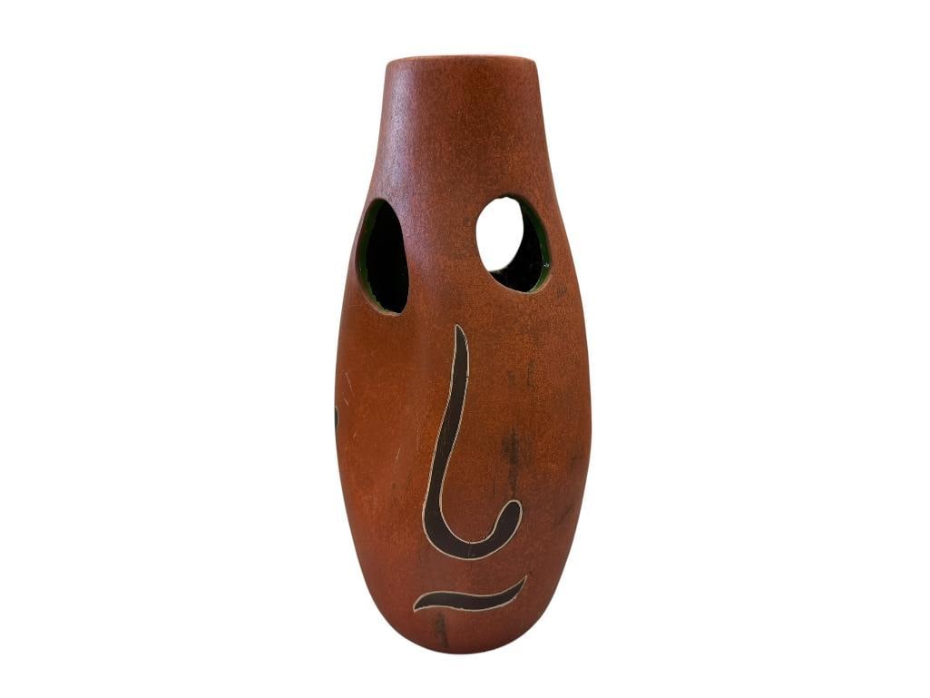 TALL VINTAGE CERAMIC VASE TERRACOTTA GLAZ WITH ABORIGINAL DESIGN AND PIERCED CIRCLES: NO MARKINGS OR SIGNATURE, LIGHT SCUFFS 13 3/4" H