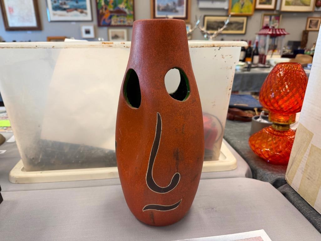 TALL VINTAGE CERAMIC VASE TERRACOTTA GLAZ WITH ABORIGINAL DESIGN AND PIERCED CIRCLES - 2