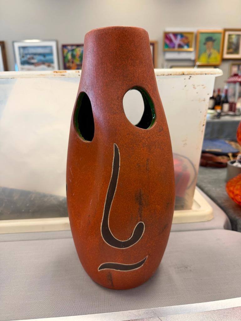TALL VINTAGE CERAMIC VASE TERRACOTTA GLAZ WITH ABORIGINAL DESIGN AND PIERCED CIRCLES - 3