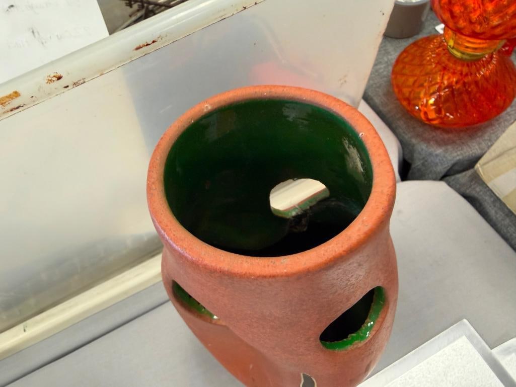 TALL VINTAGE CERAMIC VASE TERRACOTTA GLAZ WITH ABORIGINAL DESIGN AND PIERCED CIRCLES - 5