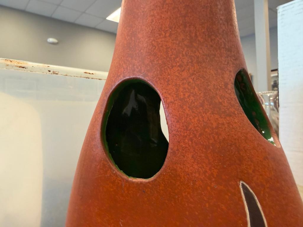TALL VINTAGE CERAMIC VASE TERRACOTTA GLAZ WITH ABORIGINAL DESIGN AND PIERCED CIRCLES - 6