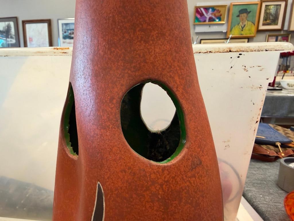 TALL VINTAGE CERAMIC VASE TERRACOTTA GLAZ WITH ABORIGINAL DESIGN AND PIERCED CIRCLES - 7