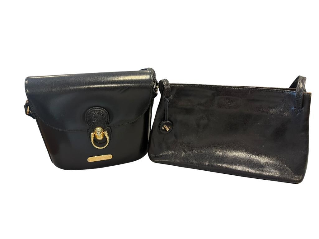 BLACK LEATHER DESIGNER PURSES MONSAC NEW YORKA AND POL RALPH LAUREN: BOTH SHOW LIGHT WEAR, OVERALL IN GOOD USEABLE CONDITION, BOTH FEATURE BRASS ACCENTS / ZIPPERS / BUCKLE 11" X 7" AND 8 " X 8"