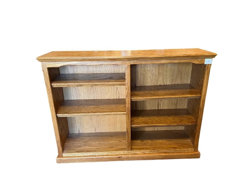GOLDEN OAK SIDE BY SIDE BOOKCASE: INCLUDES FOUR ADJUSTABLE SHELVES 49" X 13" X 36"