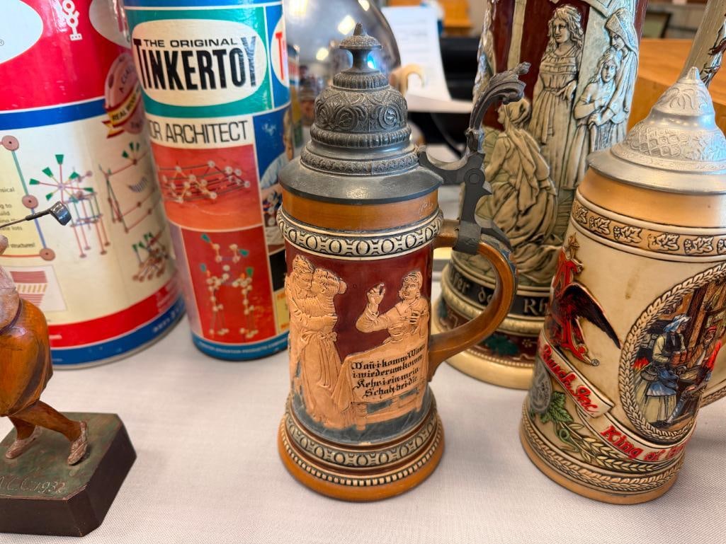 COLLECTION OF BEER STEINS AND TANKARD INCLUDES BMF / BAYERISCHEN METALLWARENFABRIK PORCELAIN STEIN - 10