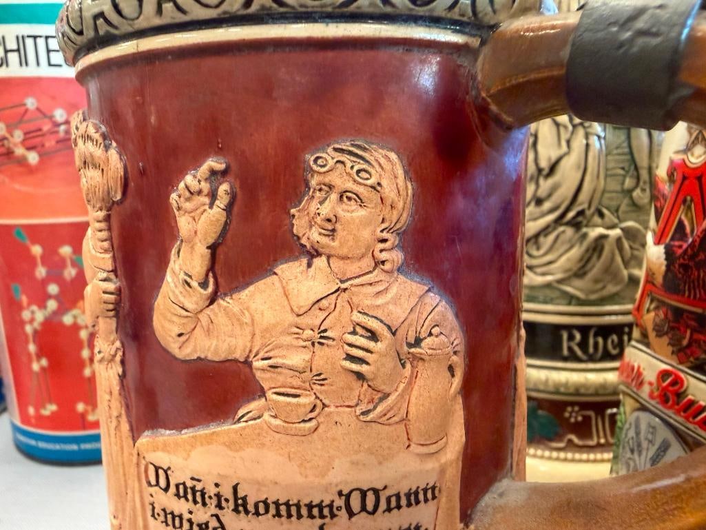 COLLECTION OF BEER STEINS AND TANKARD INCLUDES BMF / BAYERISCHEN METALLWARENFABRIK PORCELAIN STEIN - 11