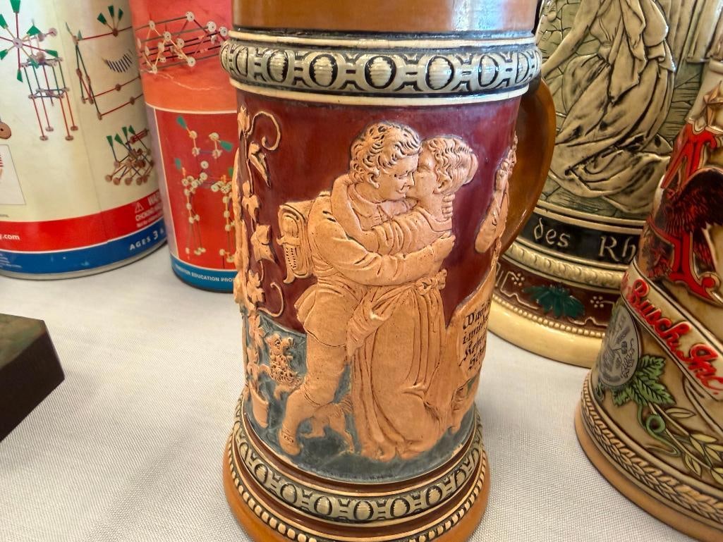 COLLECTION OF BEER STEINS AND TANKARD INCLUDES BMF / BAYERISCHEN METALLWARENFABRIK PORCELAIN STEIN - 13