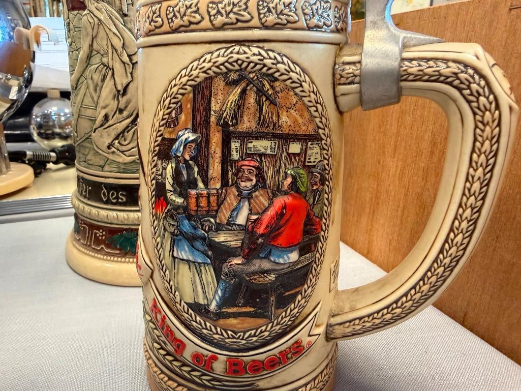 COLLECTION OF BEER STEINS AND TANKARD INCLUDES BMF / BAYERISCHEN METALLWARENFABRIK PORCELAIN STEIN - 16