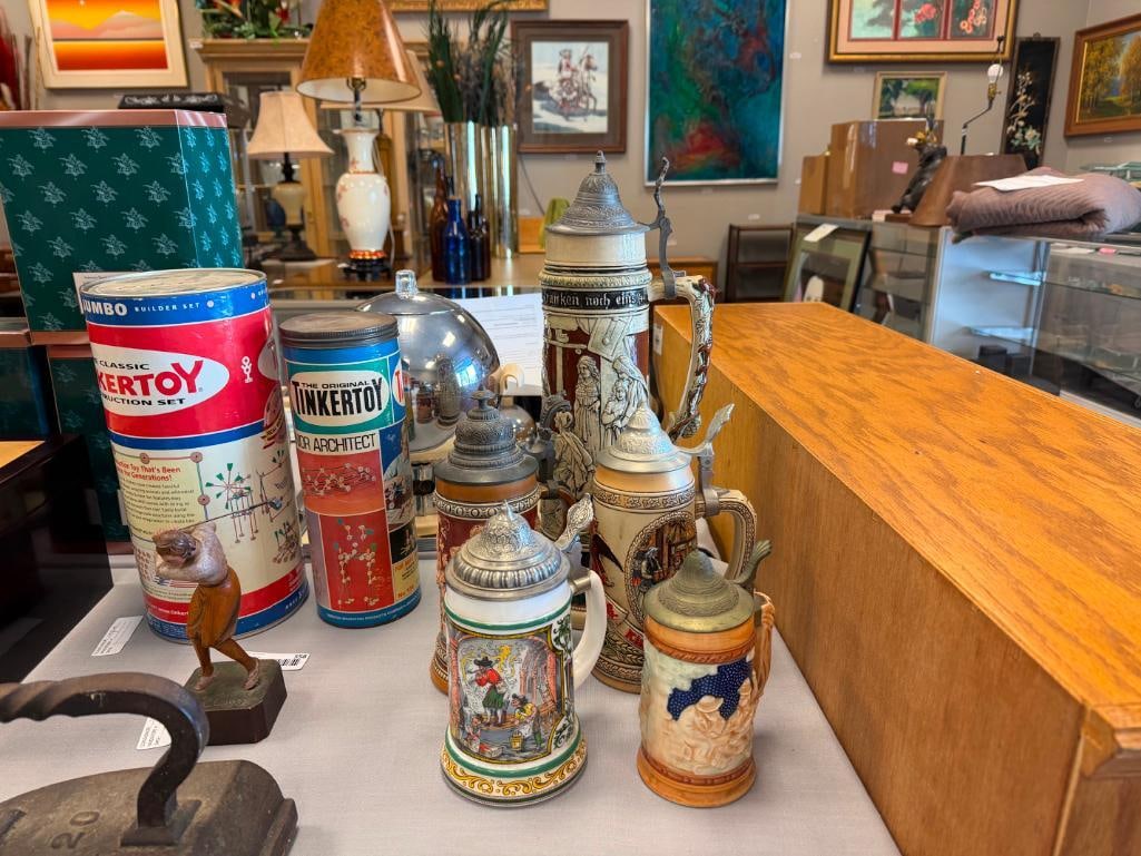 COLLECTION OF BEER STEINS AND TANKARD INCLUDES BMF / BAYERISCHEN METALLWARENFABRIK PORCELAIN STEIN - 2