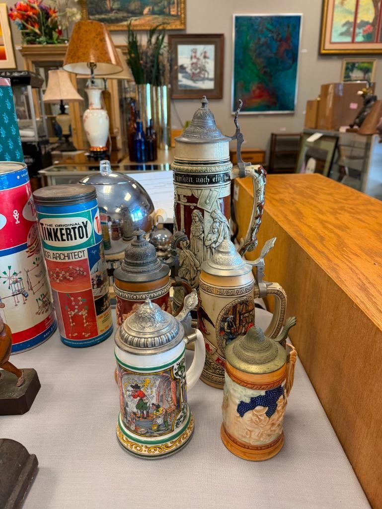 COLLECTION OF BEER STEINS AND TANKARD INCLUDES BMF / BAYERISCHEN METALLWARENFABRIK PORCELAIN STEIN - 3