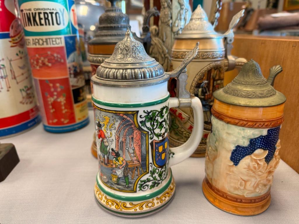 COLLECTION OF BEER STEINS AND TANKARD INCLUDES BMF / BAYERISCHEN METALLWARENFABRIK PORCELAIN STEIN - 4