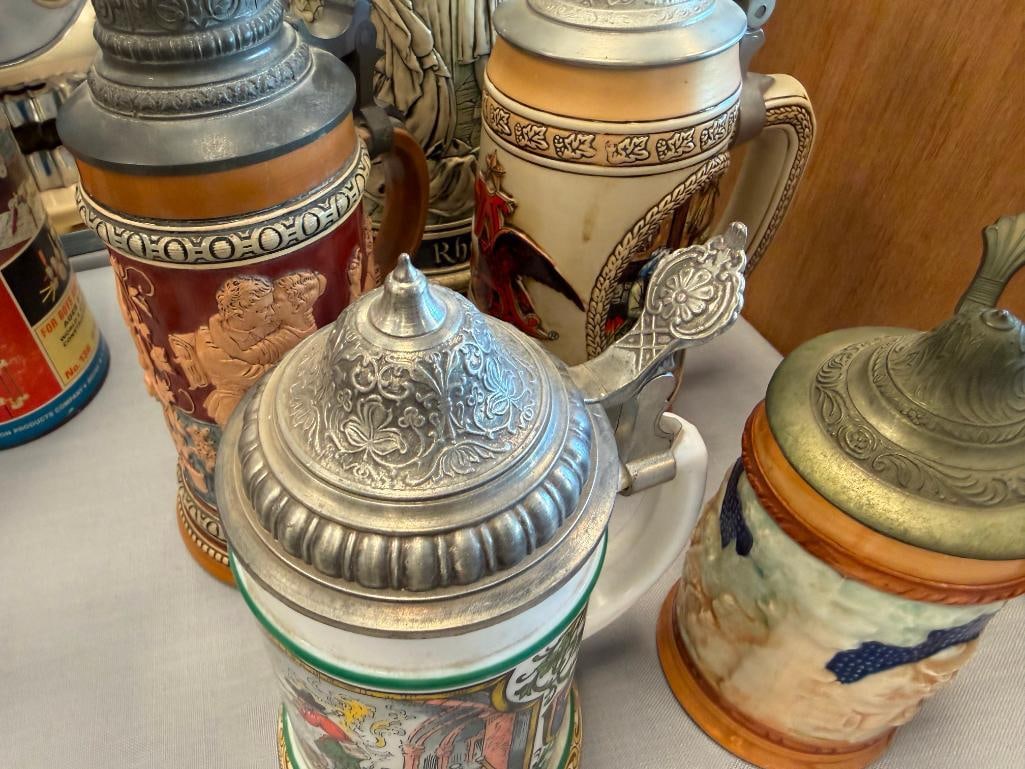 COLLECTION OF BEER STEINS AND TANKARD INCLUDES BMF / BAYERISCHEN METALLWARENFABRIK PORCELAIN STEIN - 5