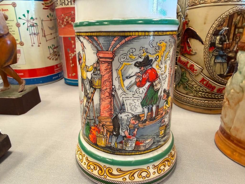 COLLECTION OF BEER STEINS AND TANKARD INCLUDES BMF / BAYERISCHEN METALLWARENFABRIK PORCELAIN STEIN - 6