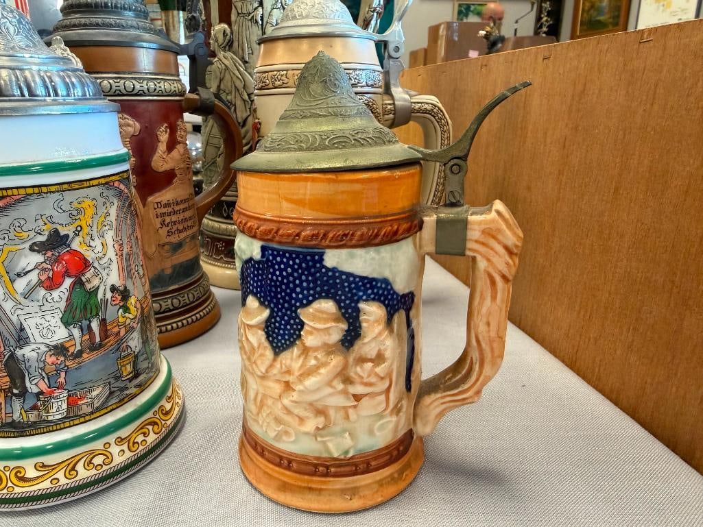COLLECTION OF BEER STEINS AND TANKARD INCLUDES BMF / BAYERISCHEN METALLWARENFABRIK PORCELAIN STEIN - 7