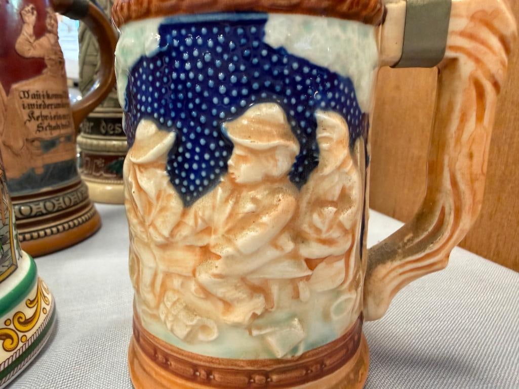 COLLECTION OF BEER STEINS AND TANKARD INCLUDES BMF / BAYERISCHEN METALLWARENFABRIK PORCELAIN STEIN - 8