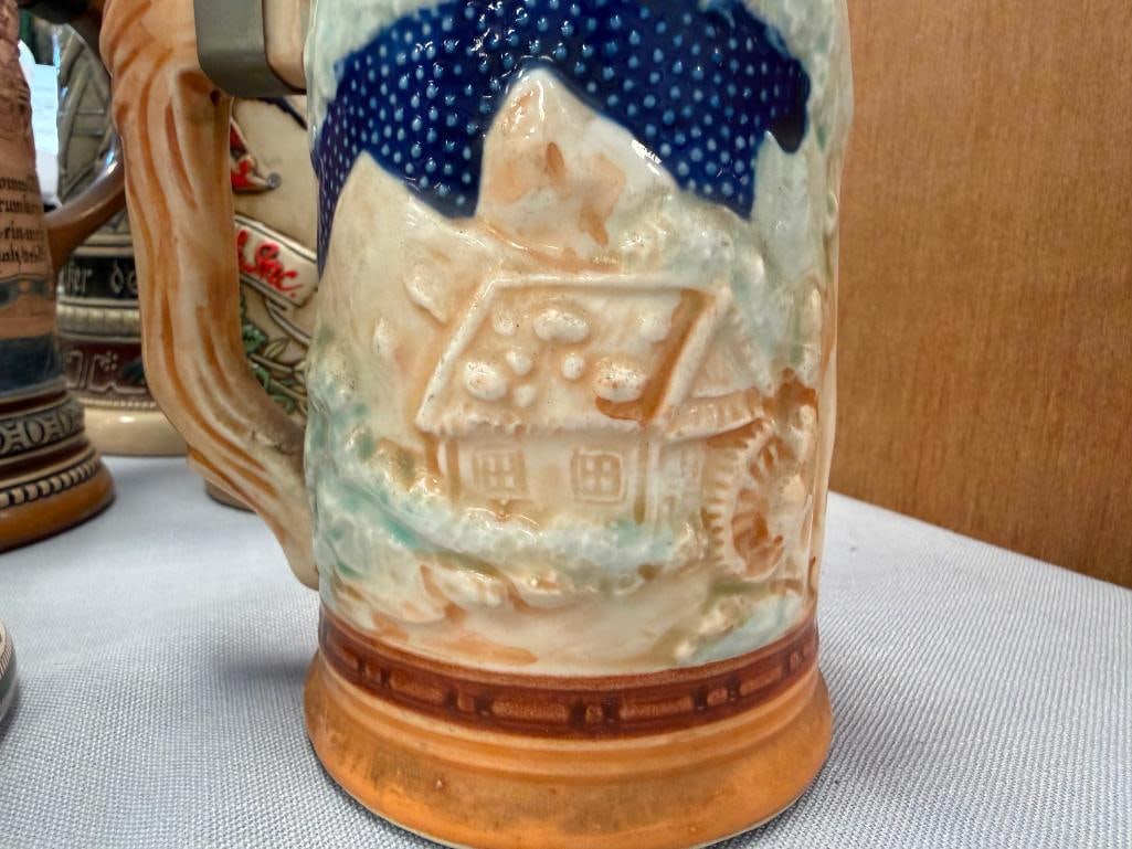 COLLECTION OF BEER STEINS AND TANKARD INCLUDES BMF / BAYERISCHEN METALLWARENFABRIK PORCELAIN STEIN - 9