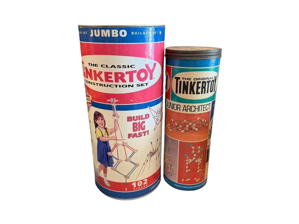 VINTAGE TINKER TOY JUMBO AND JUNIOR ARCHITECT BUILDING SETS: BOTH TUBES INCLUDING BUILDING PIECES, JUMBO TUBBE IS 3/4 FULL WITH BOOKLET
