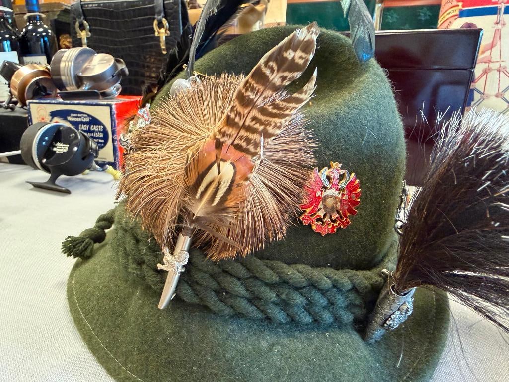 GERMAN TYROLEAN WOOL HAT ADORNED WITH MANY PINS AND FEATHER BRAIDED BAND - 6