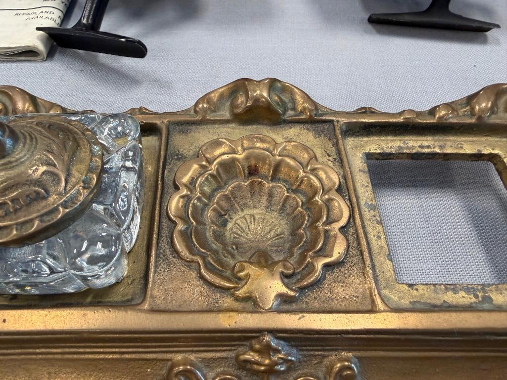 REPRODUCTION ORNATE VICTORIAN STYLED BRASS DUAL INKWELL WITH PEN HOLDER - 10