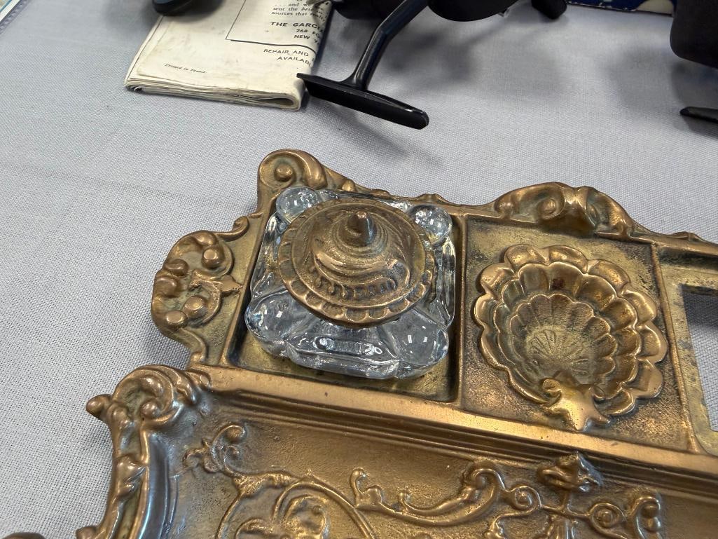 REPRODUCTION ORNATE VICTORIAN STYLED BRASS DUAL INKWELL WITH PEN HOLDER - 11