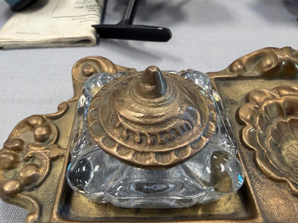 REPRODUCTION ORNATE VICTORIAN STYLED BRASS DUAL INKWELL WITH PEN HOLDER - 12