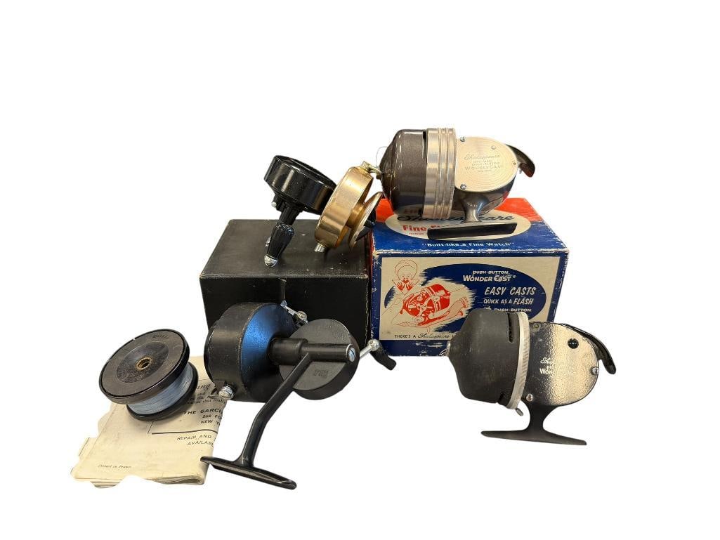 VINTAGE MITCHELL, SHAKESPEARE, AND RRADOW FISHING REELS: MODEL RRADLOW CLIPPER, MITCHELL 304, SHAKESPEARE WONDERCAST 1775, AND WONDERCAST 1798, ONE INCLUDES ORIGINAL BOX
