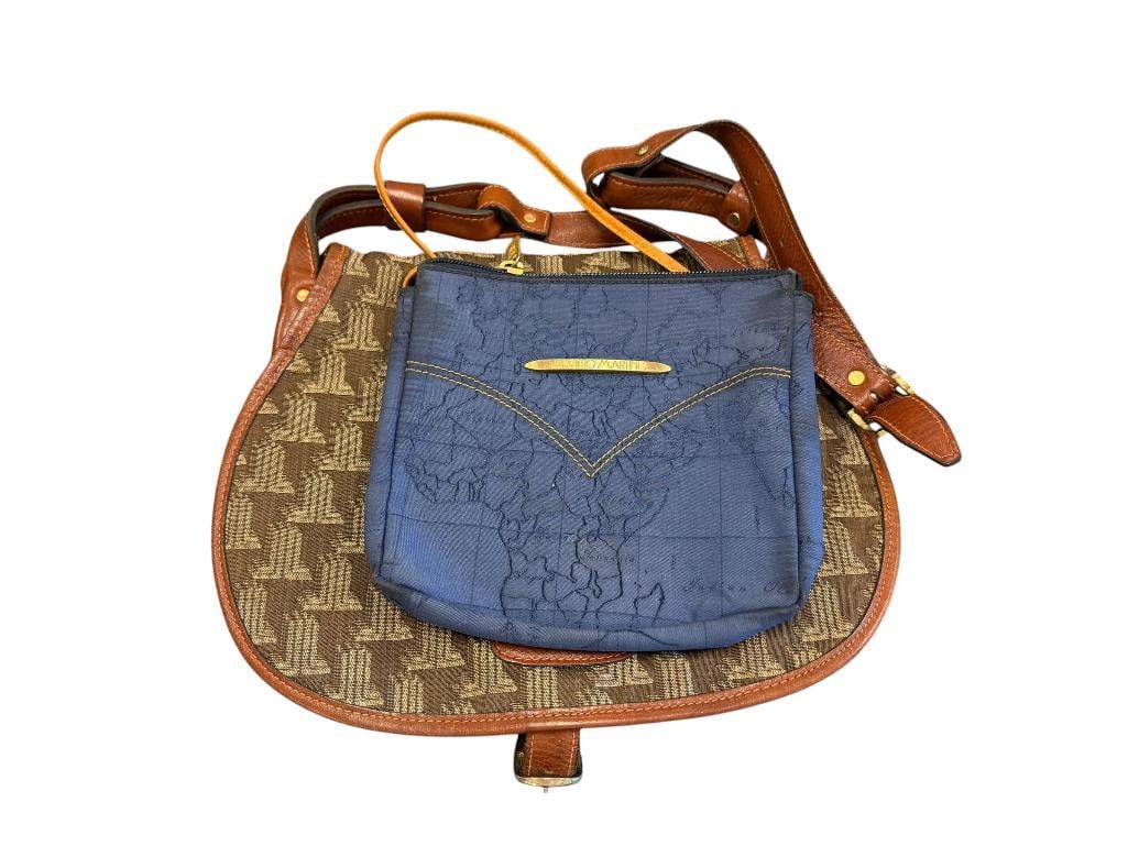 ALVIERO MARINI AND LANVIN DESIGNER LADIES HANDBAGS / PURSES: INCLUDES ALVIERO MARINI CLASSE GEO MAP NYLON CANVAS CROSSBODY BAG AND LANVIN BAG WITH GEOMETRIC CANVAS PRINT AND BROWN LEATHER HANDLE, GOOD CONDITION, ALVIERO HAS SOME STAINING LARGEST IS 12" X 4" X 9