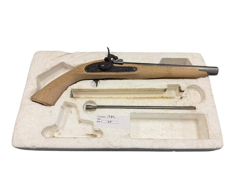 REPRODUCTION CVA TOWER BLACK POWDER ONLY MUZZLE LOADER FLINTLOCK PISTOL: FEATURING WOOD STOCK AND STEEL BARREL, MARKED "SPAIN," SERIAL # 035710, CVA TOWER PISTOL KIT, .45 CAL, .440 ROUND BALL 8" BARREL, 15 1/2" TOTAL LENGTH