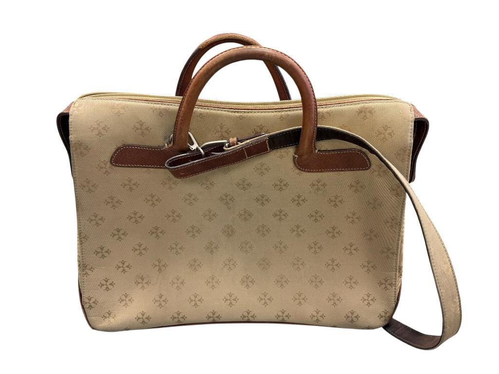 VINTAGE MOONSUS SIGNATURE PRINT EXECUTIVE LAPTOP BRIEFCASE BAG: FEATURES MONOGRAM CANVAS BODY AND BROWN LEATHER TOP HANDLES, PRETTY GOOD CONDITION WITH WEAR TO HANDLES 17" X 5" X 12"