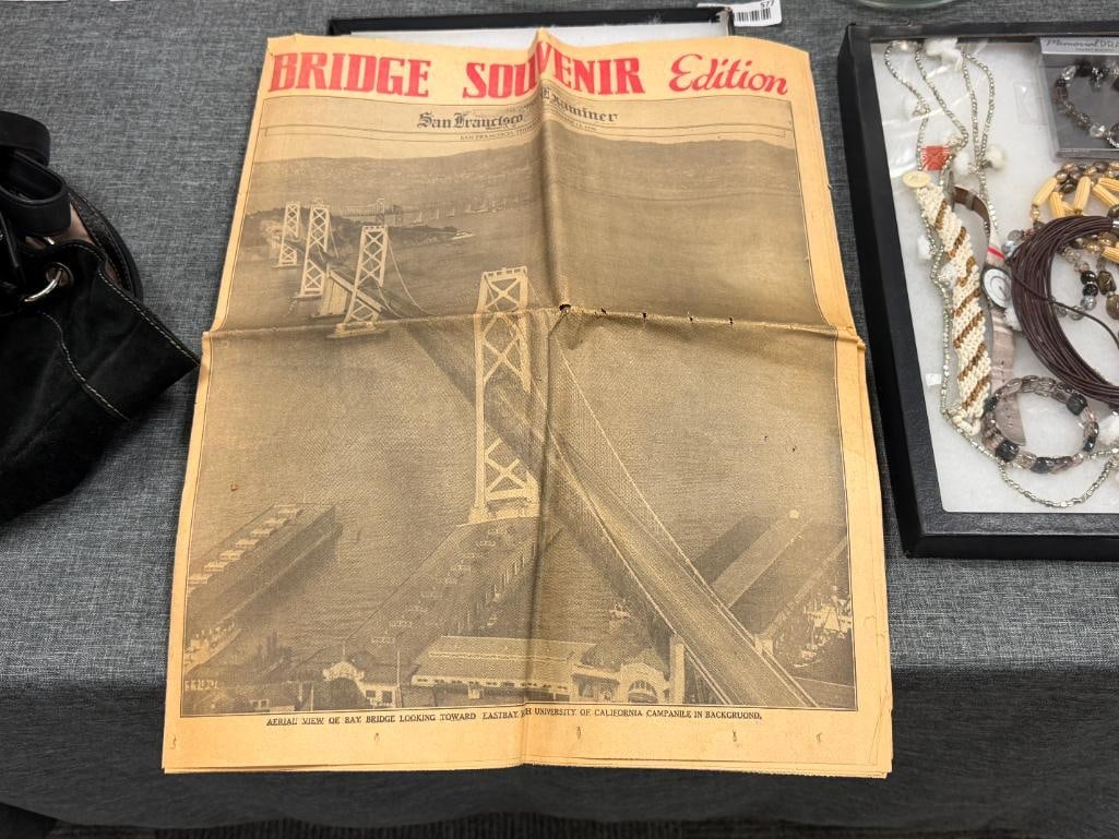 NOVEMBER 12, 1936 SAN FRANCISCO EXAMINER BAY BRIDGE SOUVENIR EDITION NEWSPAPER: PAPER FEATURES GREAT PHOTOGRAPHS OF THE BAY BRIDGE, IN PRETTY GOOD CONDITION WITH SOME WEAR AROUND EDGES