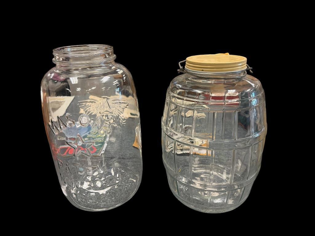 TWO VINTAGE GLASS JARS INCLUDING MASON'S EMBOSSED JAR "PATENT NOV. 30TH 1858" (1 of 12)
