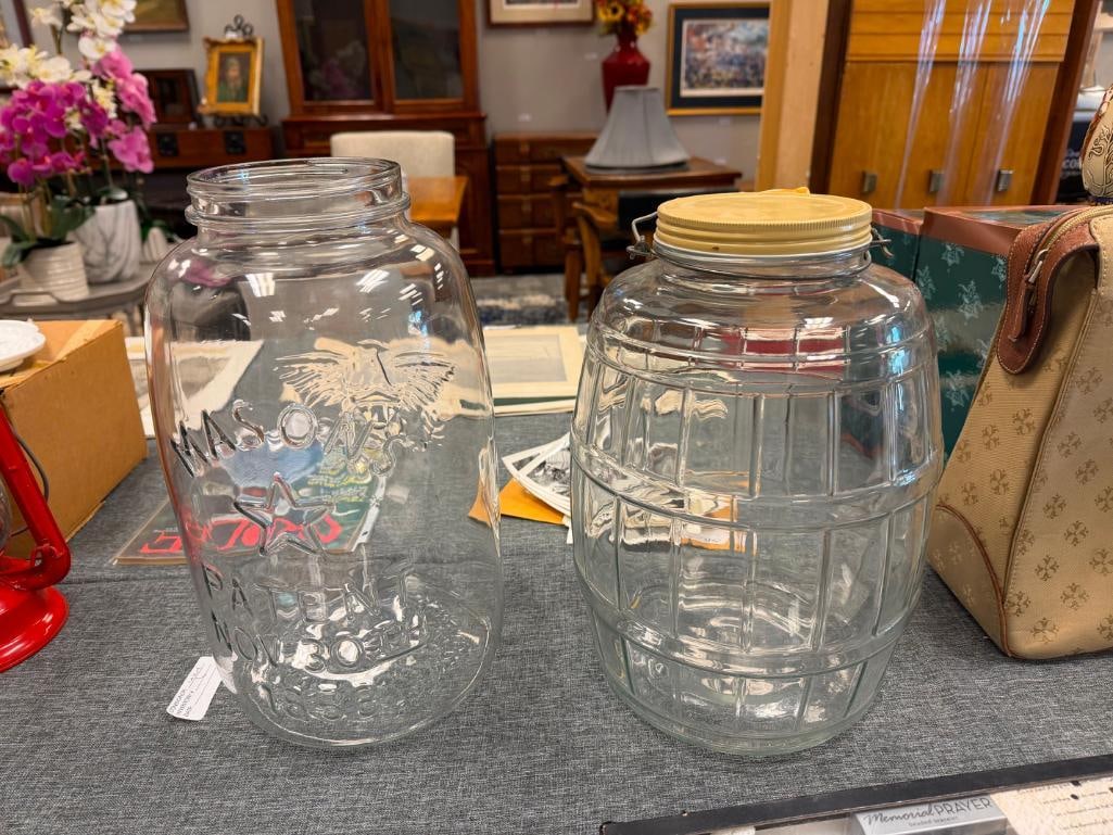 TWO VINTAGE GLASS JARS INCLUDING MASON'S EMBOSSED JAR "PATENT NOV. 30TH 1858" - 2
