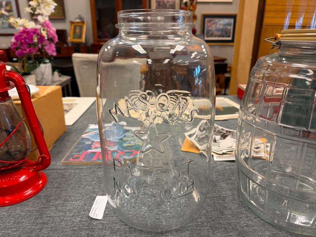 TWO VINTAGE GLASS JARS INCLUDING MASON'S EMBOSSED JAR "PATENT NOV. 30TH 1858" - 3