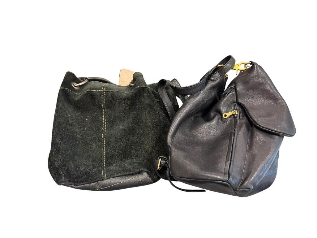 TWO TIGNANELLO DESIGNER LEATHER LADIES HANDBAGS / PURSES: ONE WITH SUEDE DESIGN, OTHER HAS SMOOTH BLACK LEATHER, SUEDE PURSE HAS SOME STAINING TO INTERIOR LINING LARGEST IS 12" X 9" X 12"