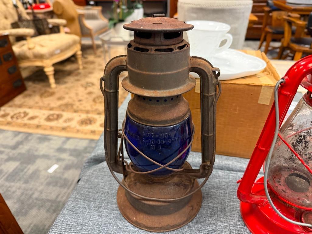 TWO KEROSENE OIL LANTERNS INCLUDING ANTIQUE DIETZ LITTLE WIZARD WITH BLUE GLASS GLOBE - 12