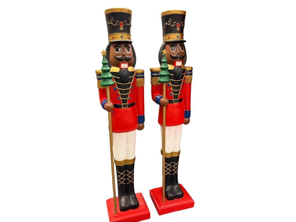 PAIR OF HOLIDAY CHRISTMAS DECOR FIGURAL NUTCRACKER YARD ART DISPLAYS: COMPOSITE CONSTRUCTION, IN GOOD CONDITION, VIBRANT CHRISTMAS COLORS 15" X 12" X 74"