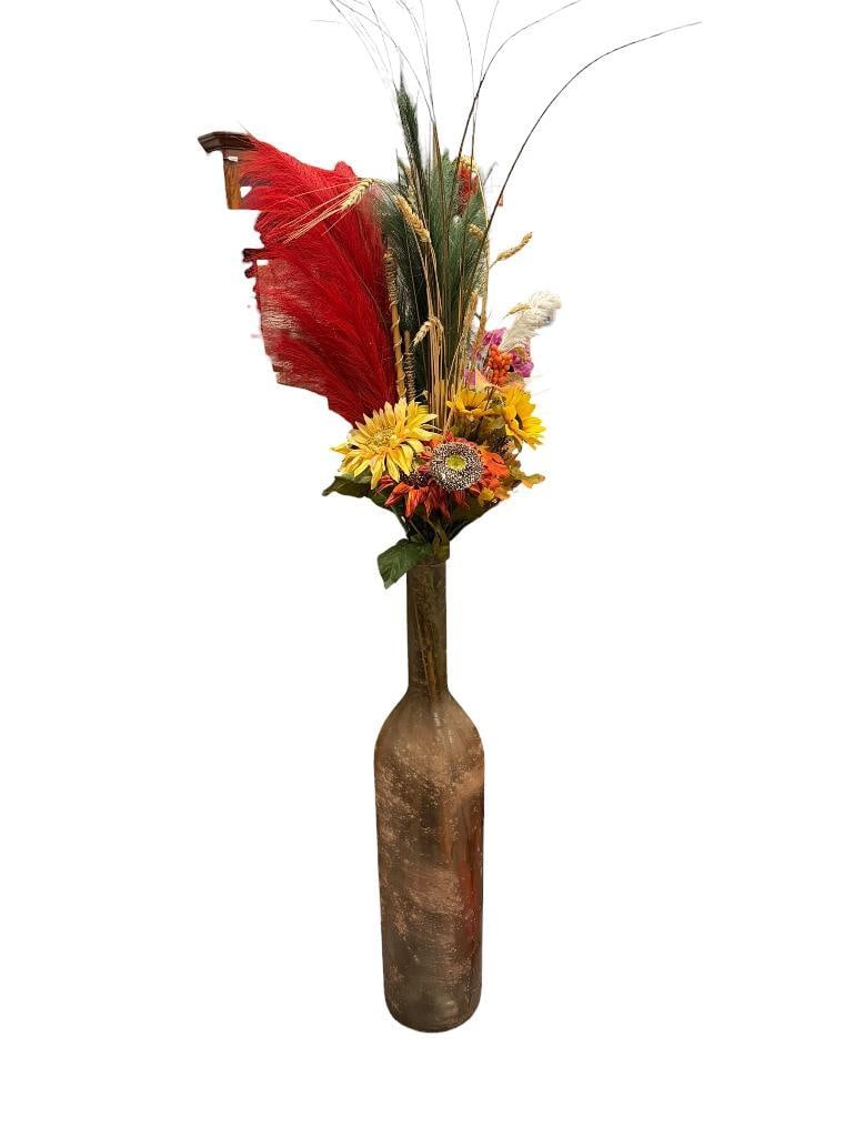 LARGE HOME DECOR RUSTIC GLASS BOTTLE FLOOR VASE WITH ARTIFICIAL PLANTS: NO CHIPS OR CRACKS, FEATURES FALL COLORS 39" H VASE, 72" TOTAL HEIGHT