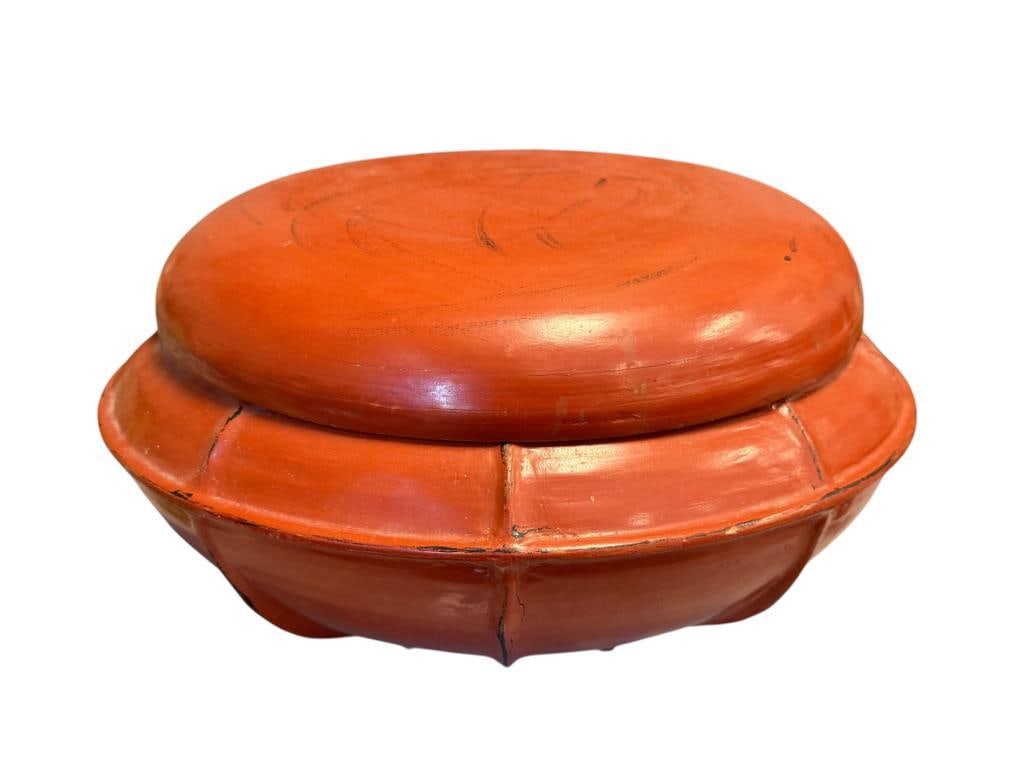 VINTAGE BURMESE TEMPLE OFFERING BOWL LAQUERED BAMBOO IN RUST COLOR FINISH (1 of 8)