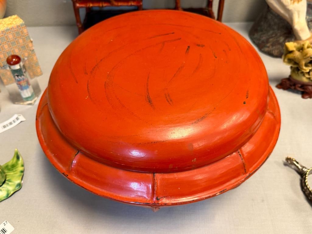 VINTAGE BURMESE TEMPLE OFFERING BOWL LAQUERED BAMBOO IN RUST COLOR FINISH - 2