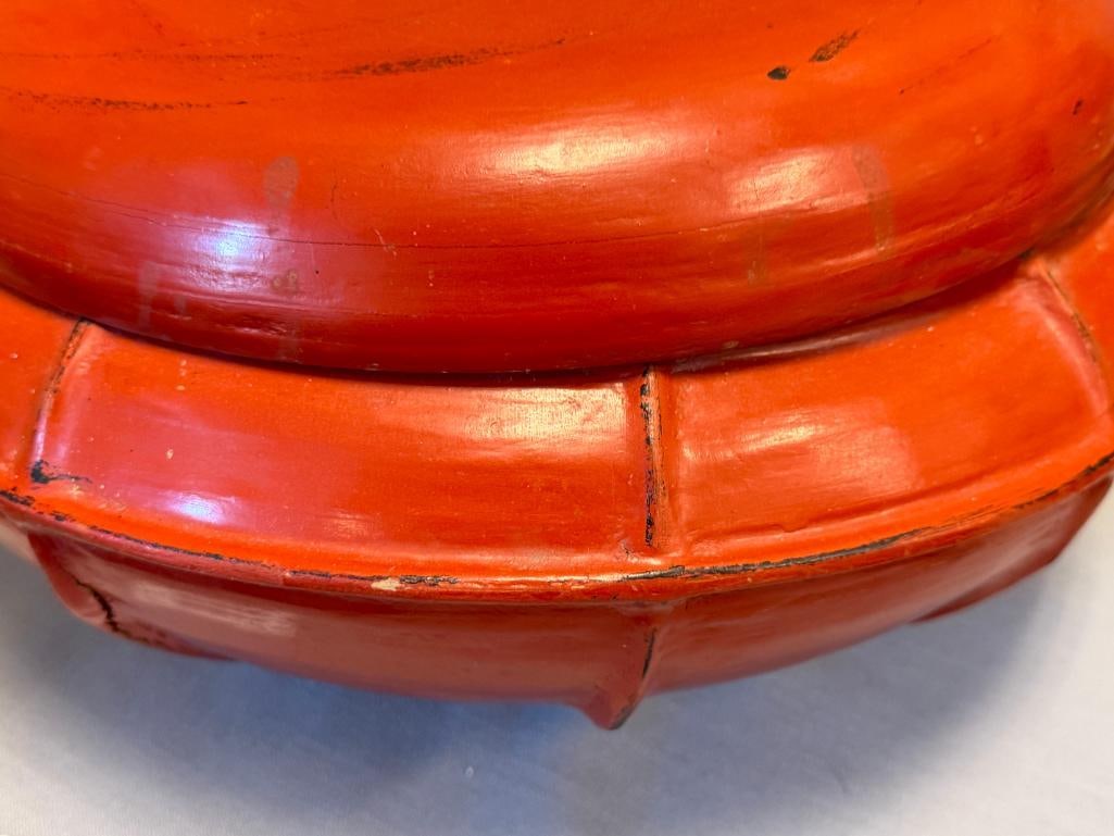 VINTAGE BURMESE TEMPLE OFFERING BOWL LAQUERED BAMBOO IN RUST COLOR FINISH - 3
