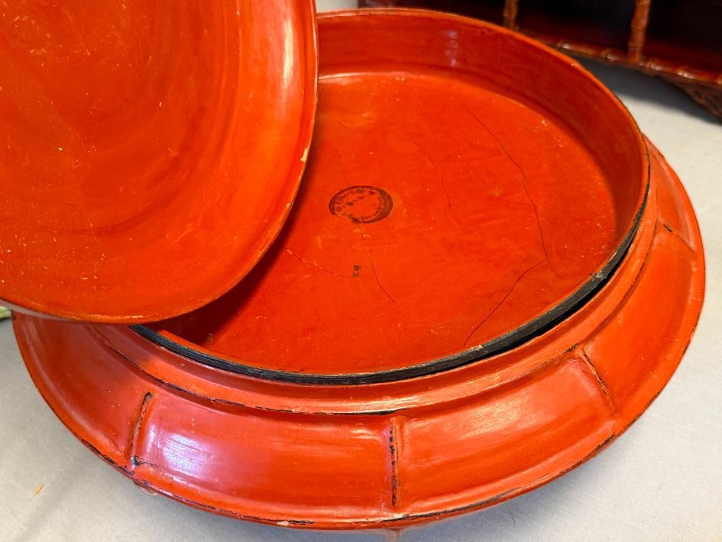 VINTAGE BURMESE TEMPLE OFFERING BOWL LAQUERED BAMBOO IN RUST COLOR FINISH - 4