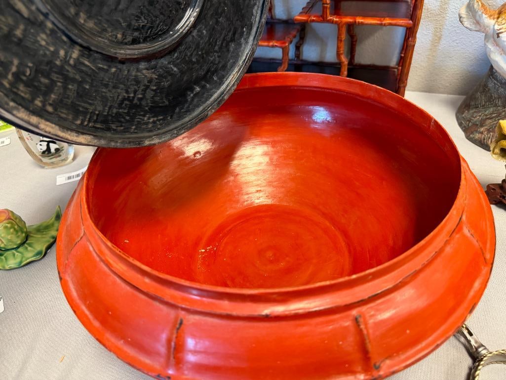 VINTAGE BURMESE TEMPLE OFFERING BOWL LAQUERED BAMBOO IN RUST COLOR FINISH - 6