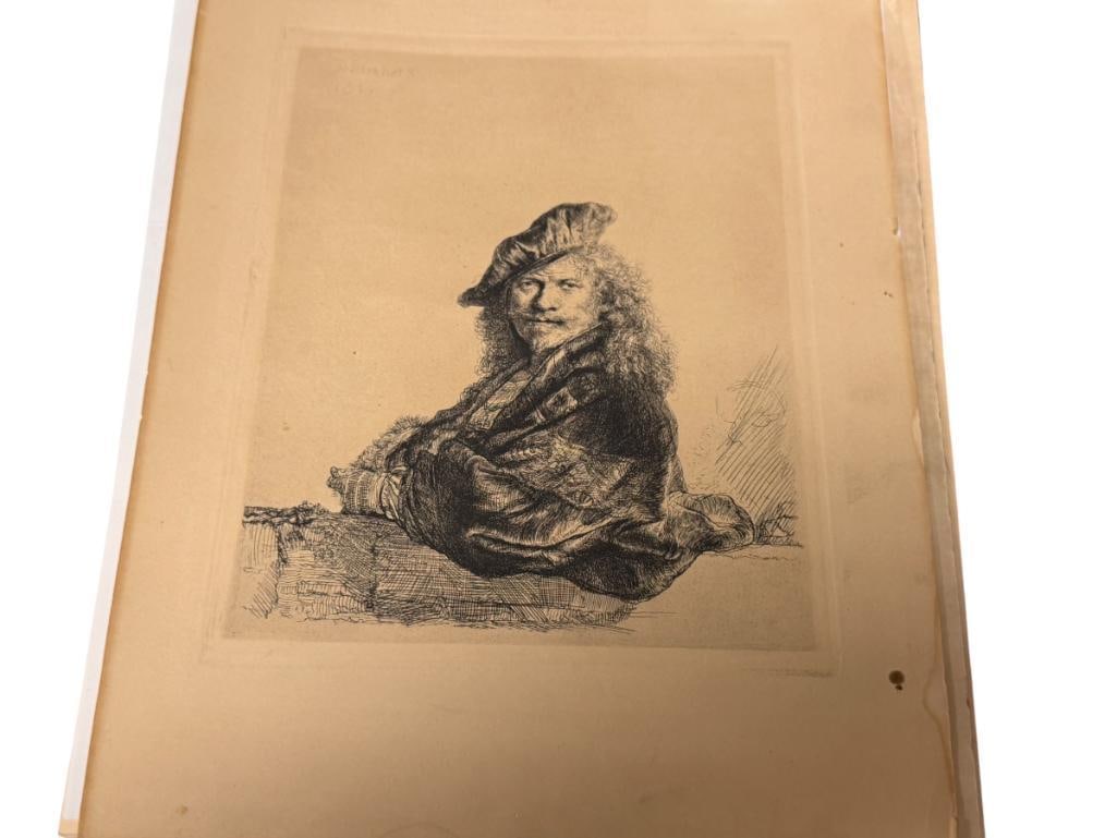 REMBRANDT VAN RIJN RENOWN ARTIST ENGRAVING SELF-PORTRAIT LEANING ON A STONE WALL CIRCA 1639: REMBRANDT (1606-1669) WAS A DUTCH ARTIST FROM THE 17TH CENTURY CONSIDERED ONE OF THE WESTERN ART'S GREATEST ARTISTS, ART DEPICTS SELF PORTRAIT, INCLUDES LETTER FROM THE METROPOLITAN MUSEUM OF AR