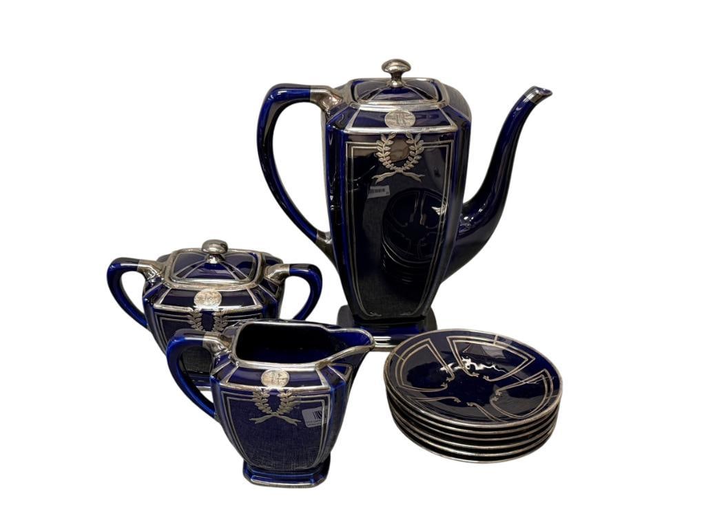 ANTIQUE LENOX COBALT BLUE CERAMIC COFFEE POT WITH STERLING SILVER OVERLAY (1 of 9)