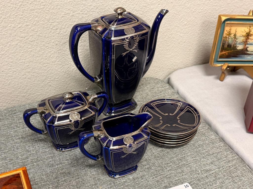 ANTIQUE LENOX COBALT BLUE CERAMIC COFFEE POT WITH STERLING SILVER OVERLAY - 2