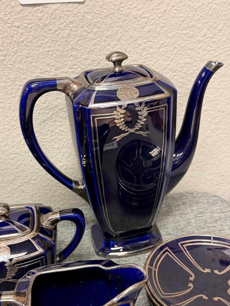 ANTIQUE LENOX COBALT BLUE CERAMIC COFFEE POT WITH STERLING SILVER OVERLAY - 3