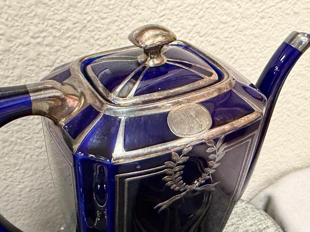 ANTIQUE LENOX COBALT BLUE CERAMIC COFFEE POT WITH STERLING SILVER OVERLAY - 4